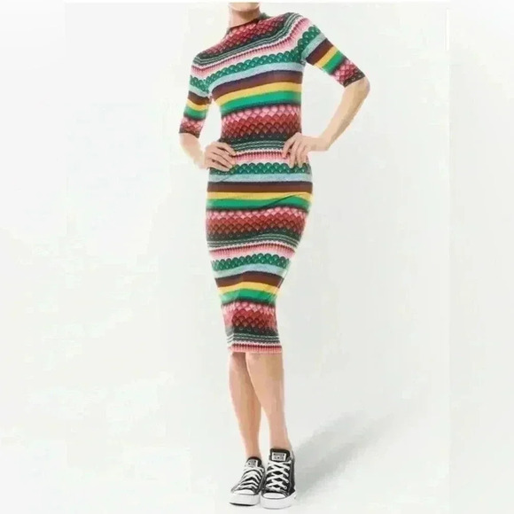 Alice + Olivia Delora Geo Fitted Bodycon Midi Dress 2 XS S Mock Neck Stripe 3/4 - Picture 6 of 11
